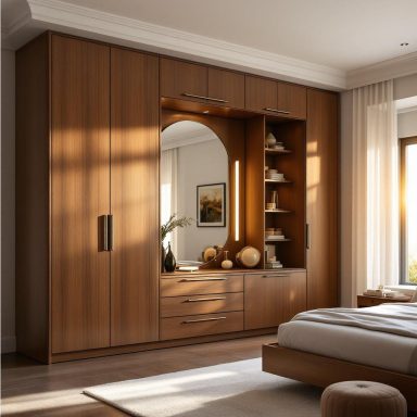 Walnut-Style Cabinets with Integrated Lighting