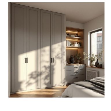 Painted MDF Front with Open Oak-Look Top Cabinet and Built-in Lighting